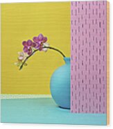Pink Orchid In Blue Vase Wood Print