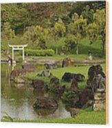 Pond Rocks Grass And Japanese Arch Singapore Wood Print