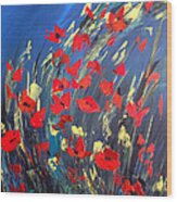 Poppies Field On A Windy Day Wood Print