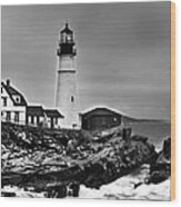 Portland Head Lighthouse 2 Black And White Wood Print