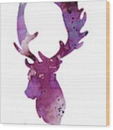 Purple Deer Head Silhouette Watercolor Artwork Wood Print