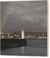 Rainbow Over Newlyn Harbour Lighthouse Wood Print