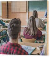 Rear View Of High School Students Attending A Class. Wood Print