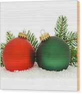 Red And Green Christmas Baubles Wood Print