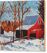 Red Barn First Snow Wood Print