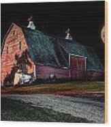 Red Barn Full Moon Wood Print