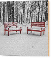 Red Benches Wood Print
