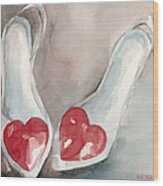 Red Heart Paintings Of Shoes Print Wood Print