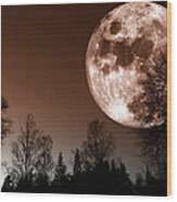 Red Moon Rise Wood Print