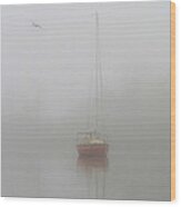 Red Sailboat In Fog Wood Print