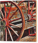 Red Wagon Wheel Bench Wood Print