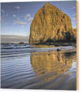 Reflection Of Haystack Rock At Cannon Beach 2 Wood Print