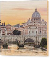 Rome Skyline At Sunset With Tiber River And St. Peter's Basilica, Italy Wood Print
