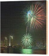 San Diego Cityscape Fireworks Wood Print