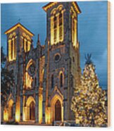 San Fernando Cathedral And Christmas Tree Main Plaza - San Antonio Texas Wood Print