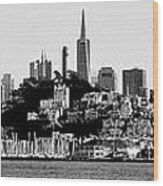 San Fran Skyline Panorama Black And White Wood Print