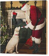 Santa Giving The Dog A Gift Wood Print