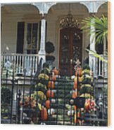Savannah Victorian Home Fall Pumpkins Mums Wood Print