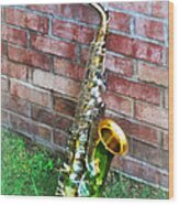 Saxophone Against Brick Wood Print