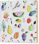 Seamless Pattern With Fruits, Berries Wood Print