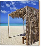 Shelter On A White Sandy Caribbean Beach With A Blue Sky And White Clouds Wood Print