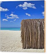 Shelter On A White Sandy Caribbean Beach With A Blue Sky And White Clouds Ii Wood Print