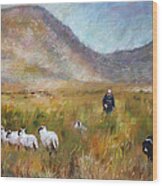 Shepherd And Sheep In The Valley Wood Print