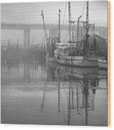 Shrimp Boats In The Fog - Black And White Wood Print