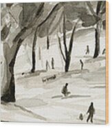 Sledding In The Snow Watercolor Painting Of Central Park Nyc Wood Print