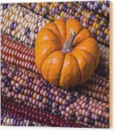 Small Pumpkin With Indian Corn Wood Print