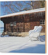 Snow Covered Log Cabin, Lake Starnberg Wood Print