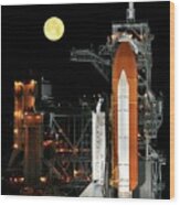 Space Shuttle On Launchpad At Night Wood Print