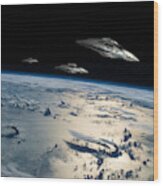 Spaceships In Orbit Over Earth Wood Print