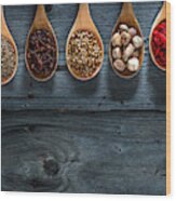 Spices On Spoons In Wooden Background Wood Print