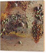 Spices Piled On Wood Surface Wood Print