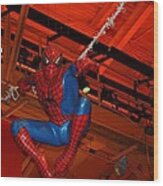 Spiderman Swinging Through The Air Wood Print