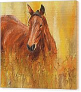 Stallion In Autumn - Bay Horse Paintings Wood Print