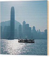 Star Ferry In Hong Kong Harbour And Wood Print