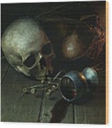 Still Life With Human Skull And Silver Chalice Wood Print