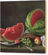 Still Life With Watermelon And Grapes Wood Print