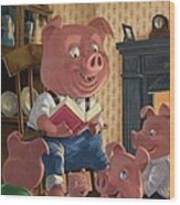Story Telling Pig With Family Wood Print