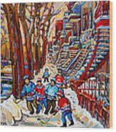 Streets Of Verdun Hockey Art Montreal Street Scene With Outdoor Winding Staircases Wood Print