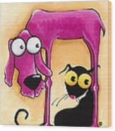 Stressie Cat And The Pink Dog Wood Print