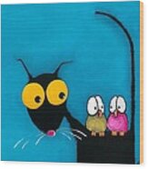 Stressie Cat And The Whimsical Birds Wood Print