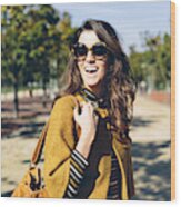 Stylish Woman At The Park On A Sunny Autumn Day Wood Print