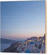 Sunset And Moon Over Oia - Santorini - Greece Wood Print