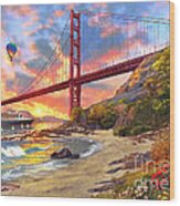 Sunset At Golden Gate Wood Print