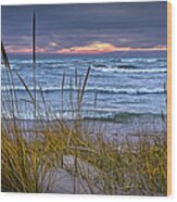 Sunset On The Beach At Lake Michigan With Dune Grass Wood Print