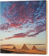 Sunset At The Pyramids, Giza, Cairo Wood Print
