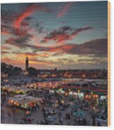 Sunset Over Jemaa Le Fnaa Square In Marrakech, Morocco Wood Print